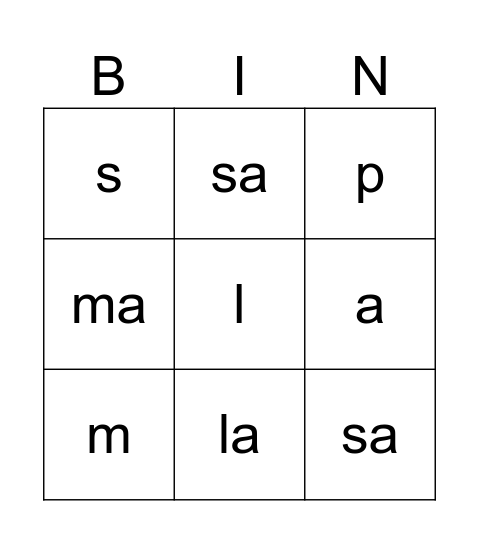 a, m, p, s, l Bingo Card