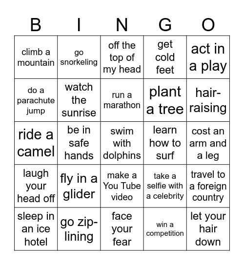 Experiences Bingo Card