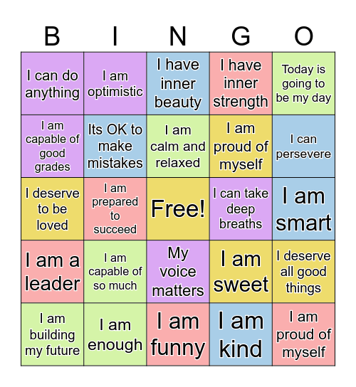 Positive Affirmation Bingo Card