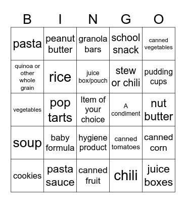 Nichols Thanksgiving Food Drive Bingo Card