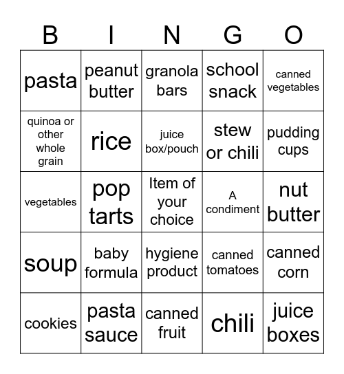 Nichols Thanksgiving Food Drive Bingo Card