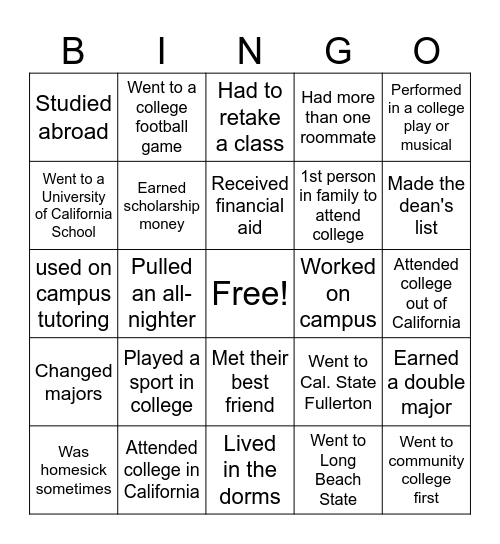 College Week Bingo Card