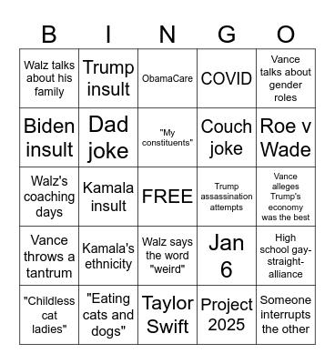VP Debate Bingo Card
