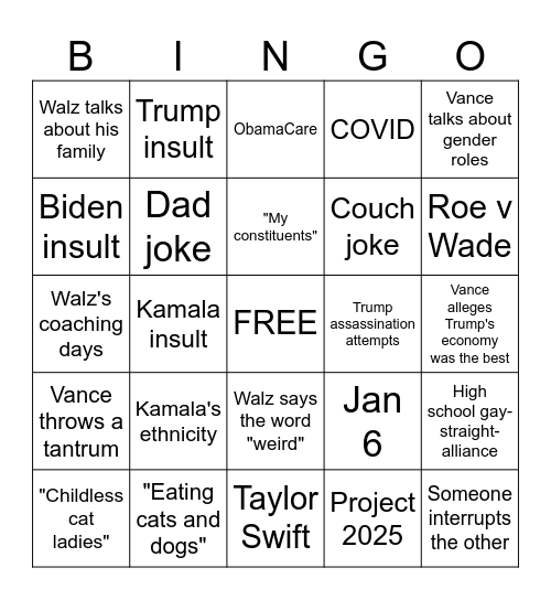 VP Debate Bingo Card