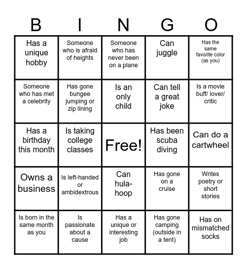 PYA People Bingo - Find Someone who... Bingo Card