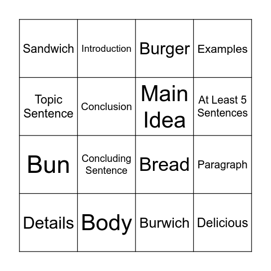 Parts of a Paragraph Bingo Card