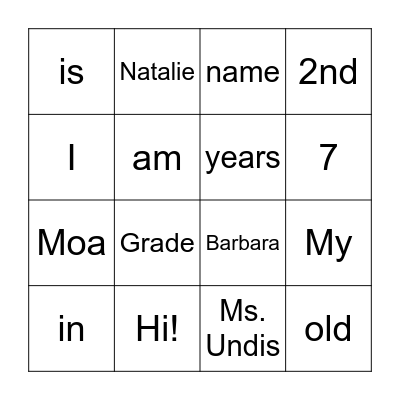 All About Me! Bingo Card