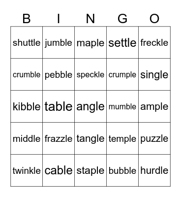 Lesson 75: -le Bingo Card