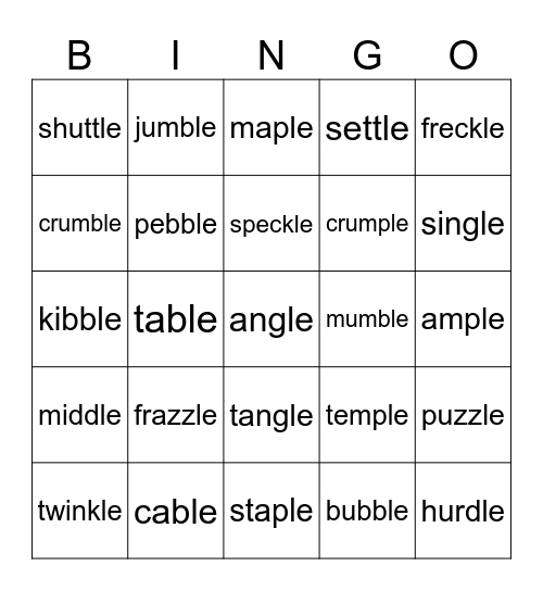 Lesson 75: -le Bingo Card