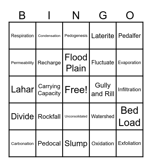 Surface Processes Bingo Card