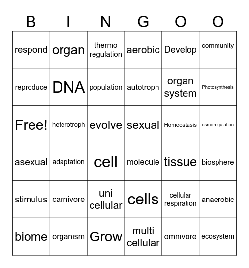 Unit #2 Bingo Card