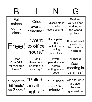 Graduate school Bingo Card