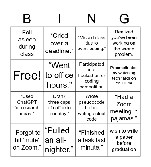 Graduate school Bingo Card