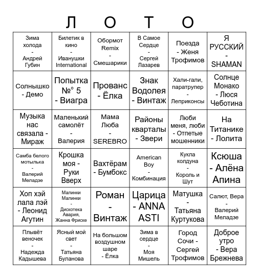 Музыкальное Bingo Card