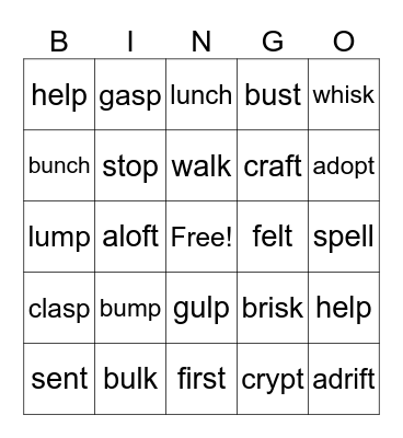 Ending Sounds Bingo Card