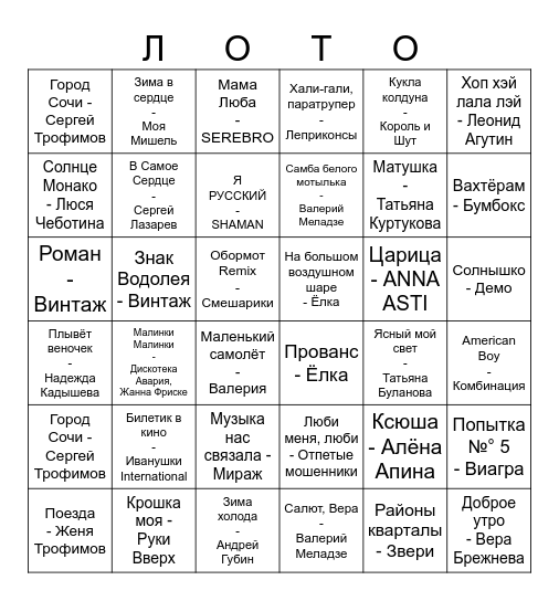 Музыкальное Bingo Card