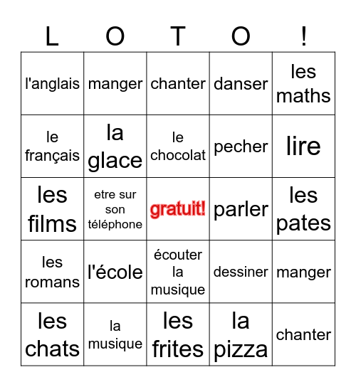 Les goûts Bingo Card