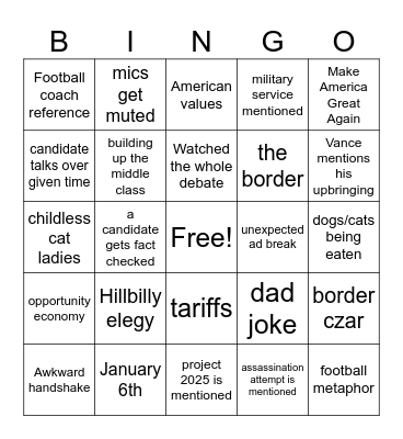 VP Debate Bingo Card
