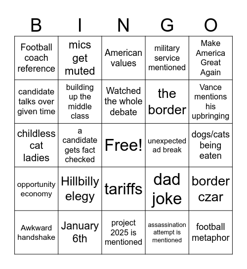 VP Debate Bingo Card