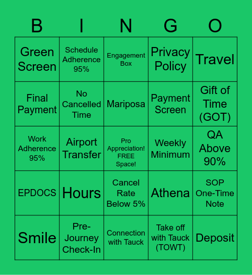 Pro Appreciation- Tauck Bingo Card