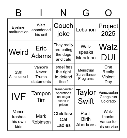 Walz / Vance VP Debate 2024 Bingo Card
