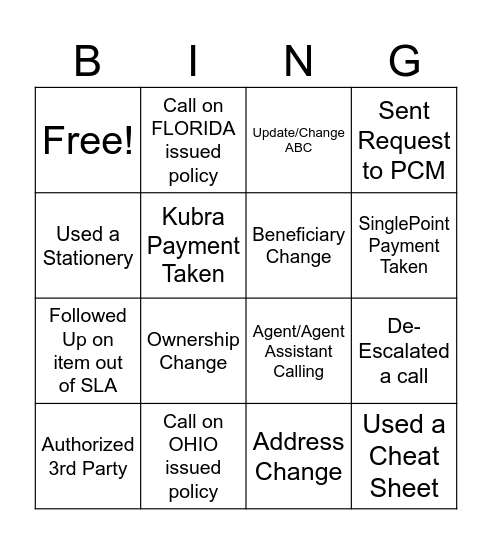 LCS Customer Service Week BINGO Card