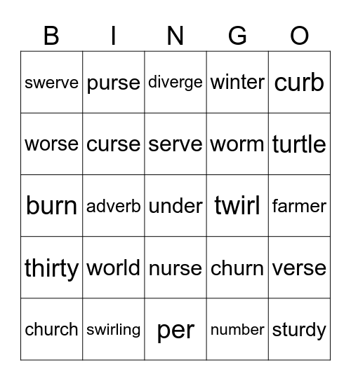 Lesson 82: er, ir, ur, w+or Bingo Card