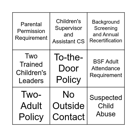 Children's Program Essential Policies Bingo Card