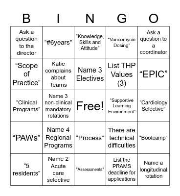 THP Residency Open House Bingo! Bingo Card