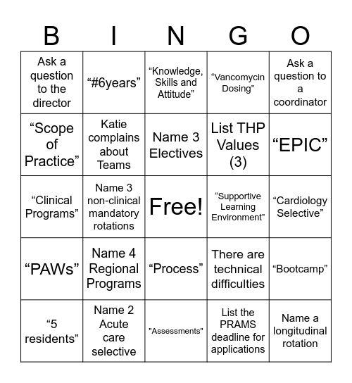 THP Residency Open House Bingo! Bingo Card