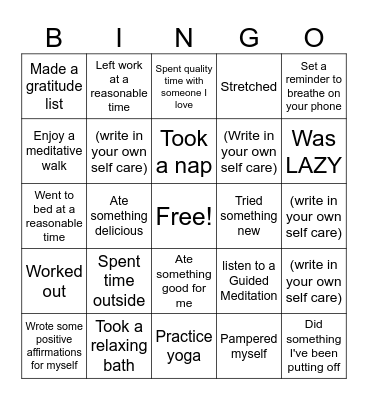 Self Care Bingo Card
