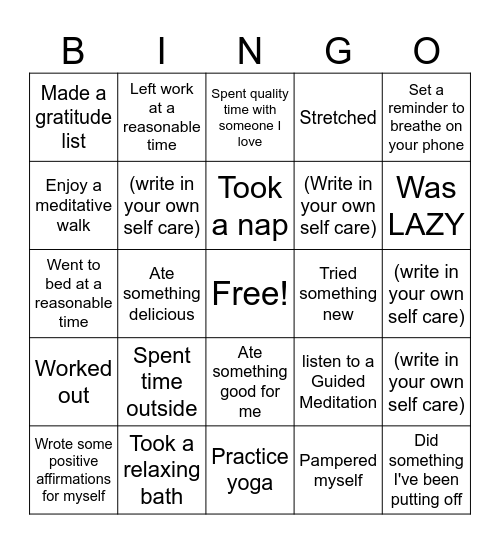 Self Care Bingo Card