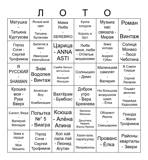 Музыкальное Bingo Card