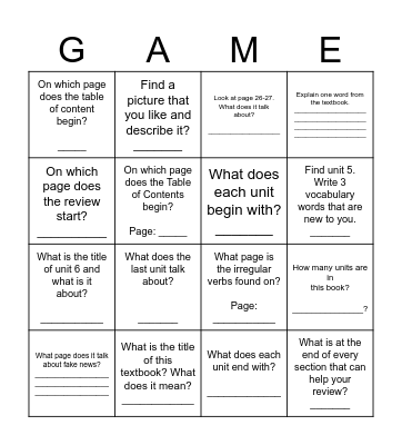 Textbook Scavenger Hunt Bingo Card