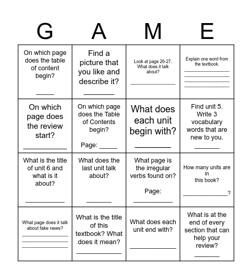 Textbook Scavenger Hunt Bingo Card