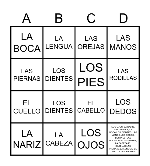 PARTES DEL CUERPO Bingo Card