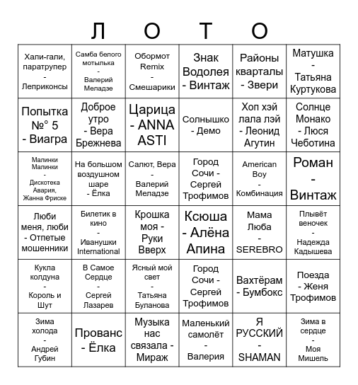 Музыкальное Bingo Card