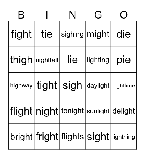 Lesson 87: ie, igh /i/ Bingo Card