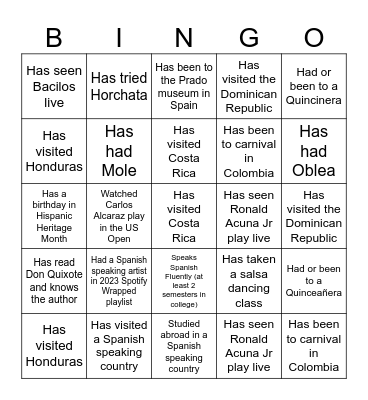Hispanic Heritage Month Bingo Card
