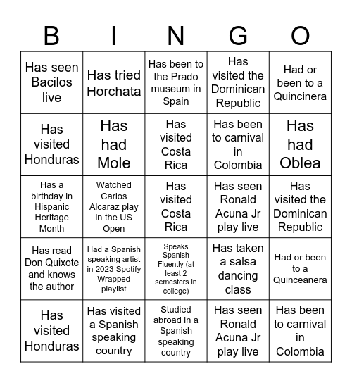 Hispanic Heritage Month Bingo Card