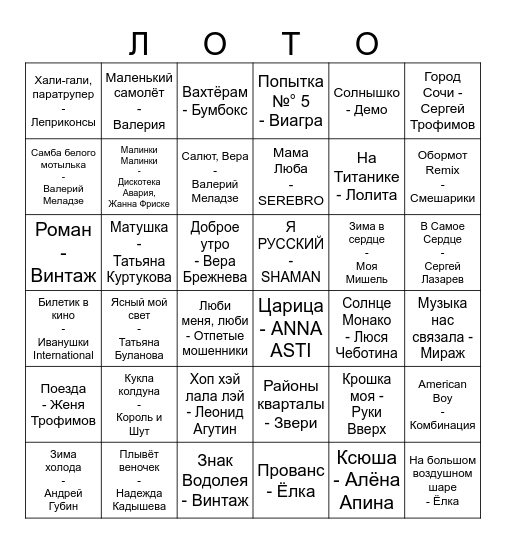 Музыкальное Bingo Card