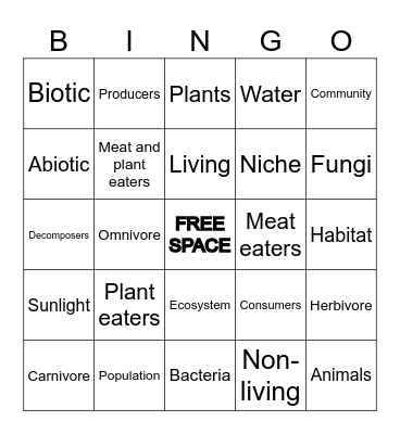 Ecosystems Bingo Card