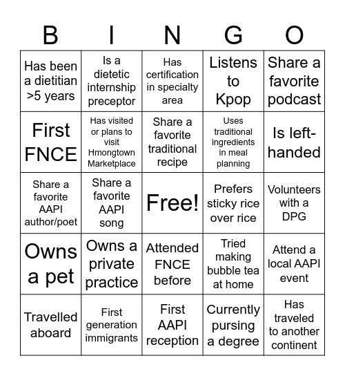 FNCE AAPI Reception Bingo Card