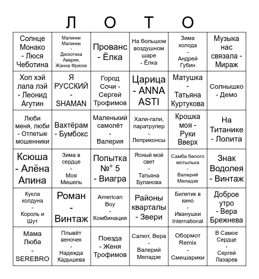 Музыкальное Bingo Card