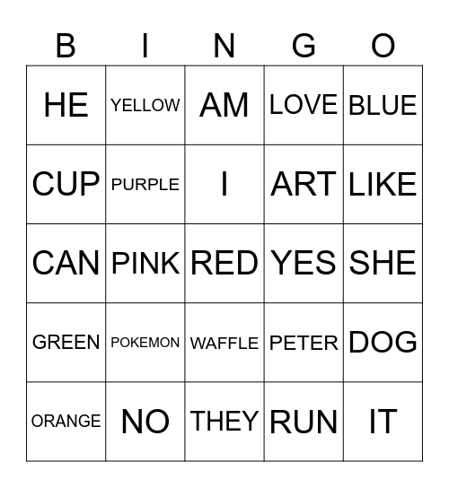 SIGHT WORD BINGO Card