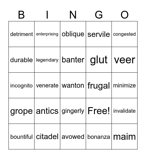 Unit 2 vocabulary Bingo Card