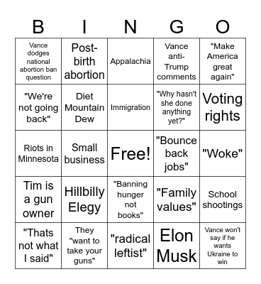 VP Debate Bingo Card