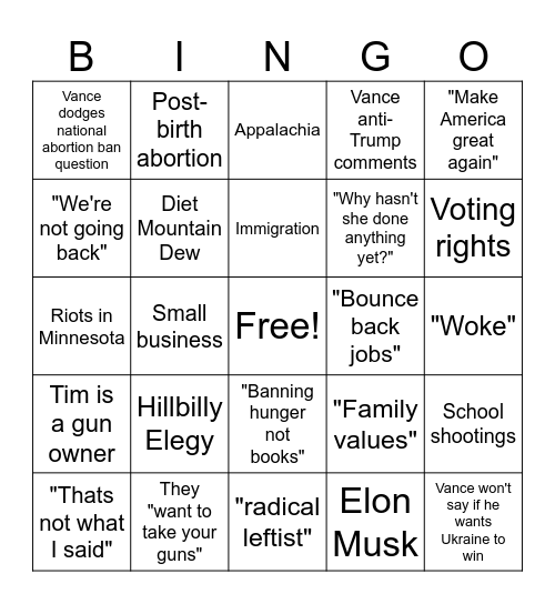 VP Debate Bingo Card