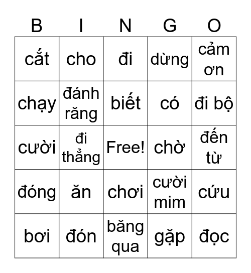 Vietnamese Verbs Set 1 Bingo Card