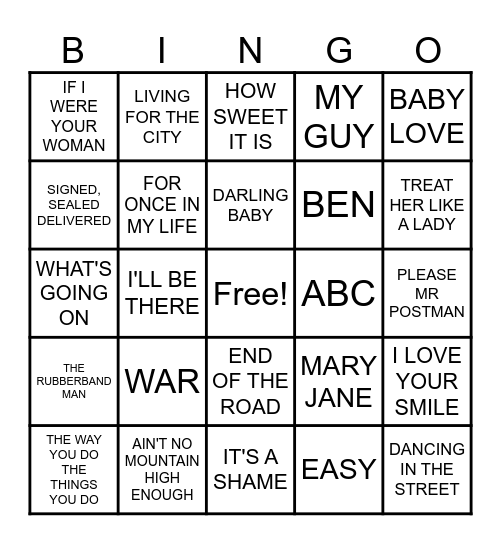 MOTOWN MUSIC BINGO Card